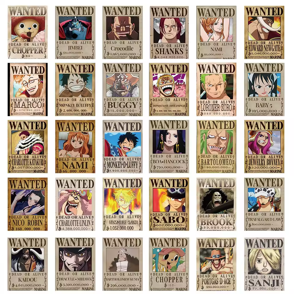 56PCS One Piece WANTED Poster Sticker Pack