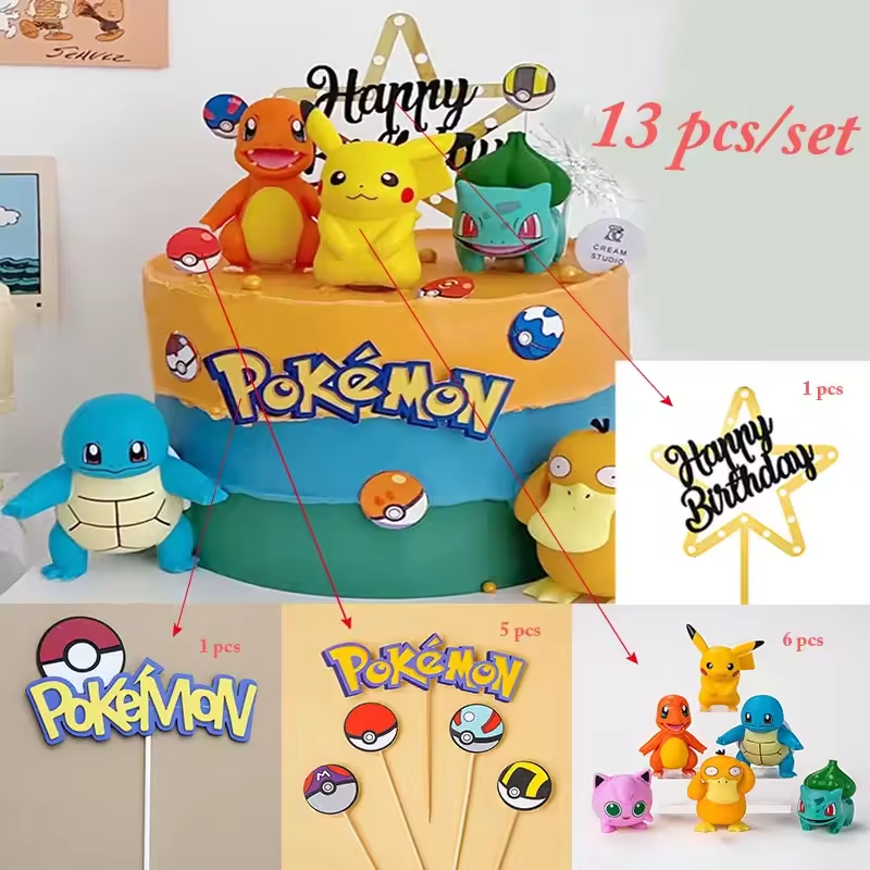 Pokémon Cake Topper Set – 13 Piece Birthday Decoration Kit